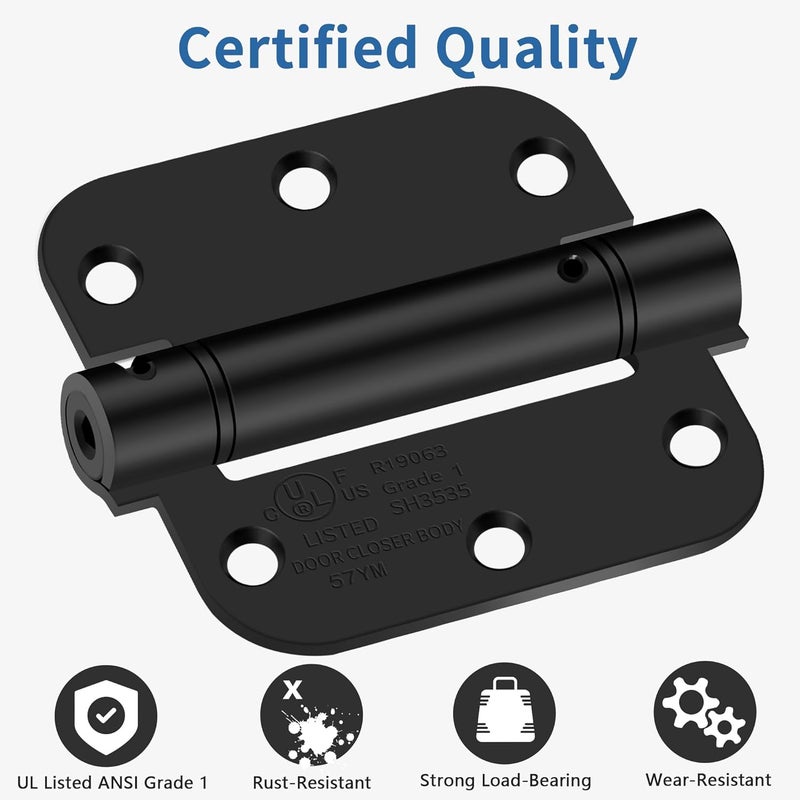 IOQ 3.5 Inch Self Closing Door Hinges, 5/8" Radius Corners Spring Loaded Hinges for Interior Door, Bedroom, Pantry Door, UL Listed, for Left and Right Hand Door, Matte Black, 3 Pack - Image 3